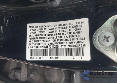 2014 Honda Civic Lx z USA, uszkodzony, nr VIN 19XFB2F54EE214345